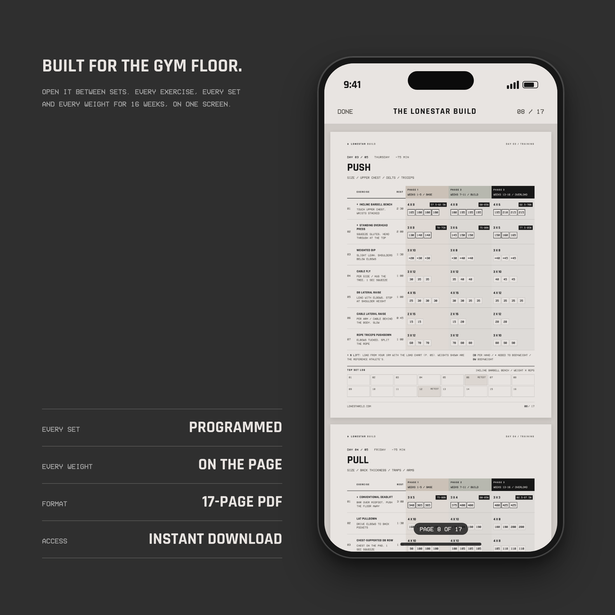 The LONESTAR Build training PDF open on a phone, Push day